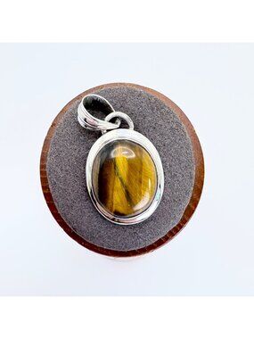 Tiger's Eye Bezel Set Pendant VTG Solid Sterling Silver 925 Size 1.5" Length